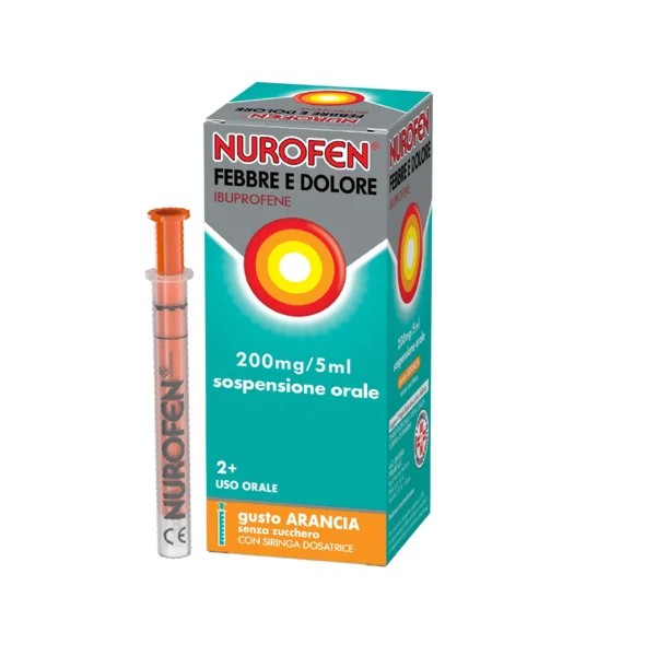 Nurofen febbre d 200 mg/5 ml sospensione orale gusto arancia senza zucchero flacone da 1.000 ml con siringa dosatrice