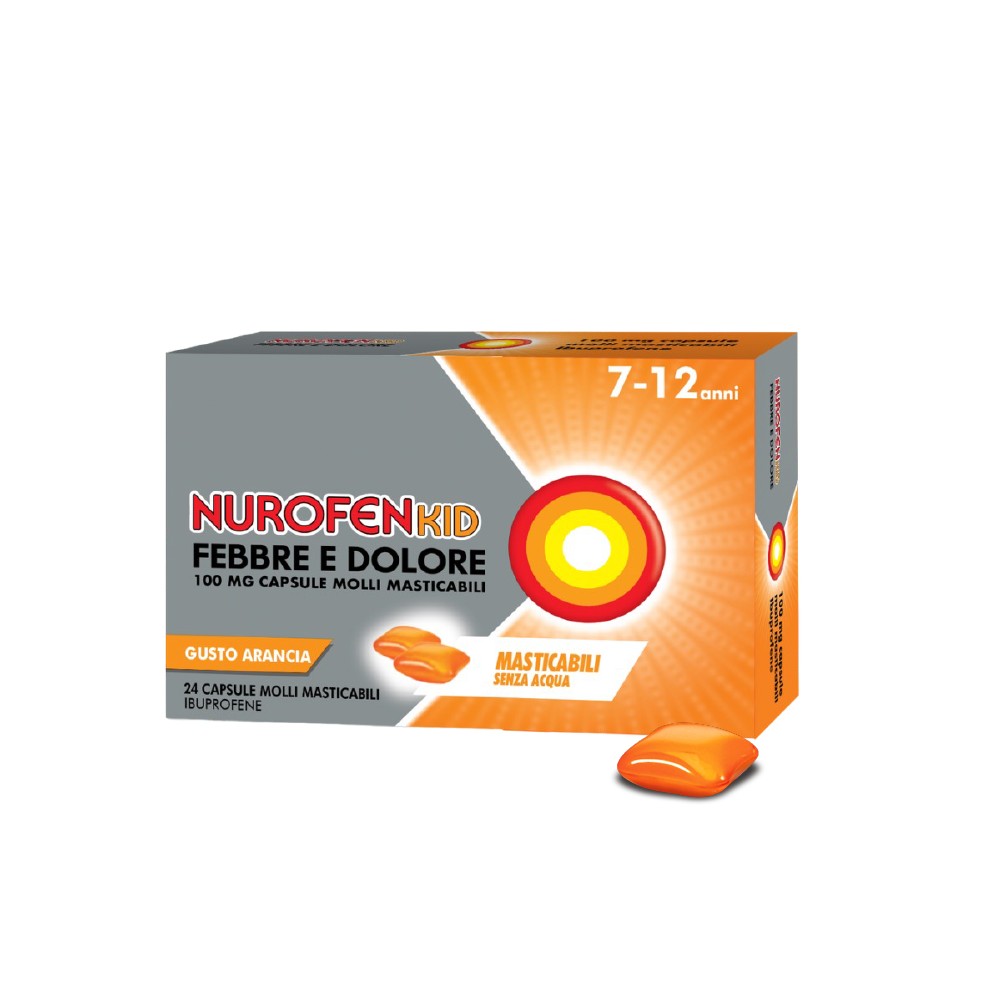 NurofenKid Febbre e Dolore 100 mg Ibuprofene 24 Capsule Molli Masticabili