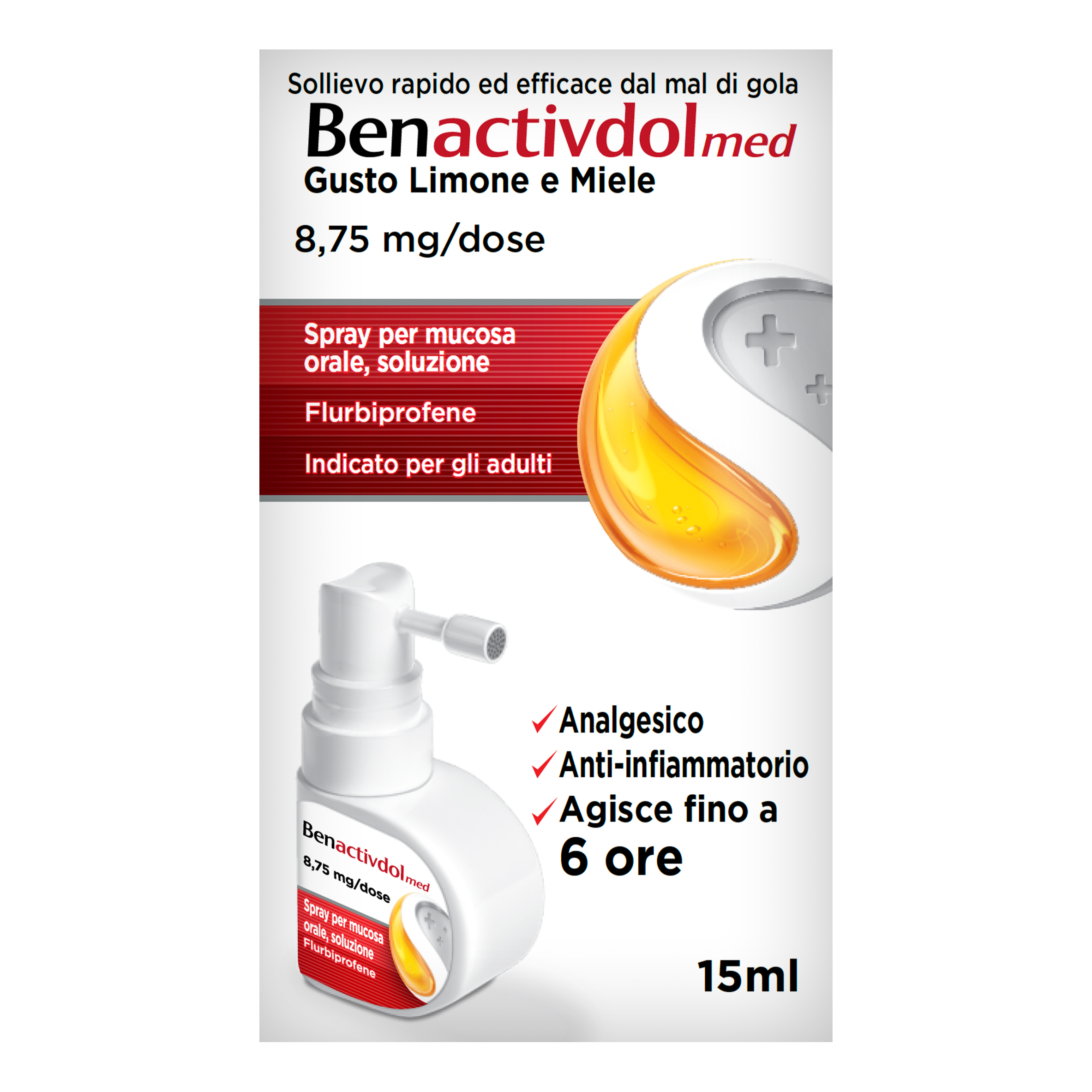 Benactivdolmed Soluzione Spray Mal di Gola Gusto Miele e Limone 15 ml