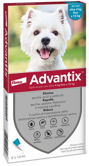 Advantix Spot On Soluzione 6 Pipette 1 Ml 100 Mg + 500 Mg Cani Da 4 A 10 Kg