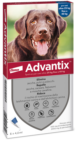 Advantix Spot On Per Cani da 25 a 40 Kg Soluzione 6 Pipette da 4,0 ml