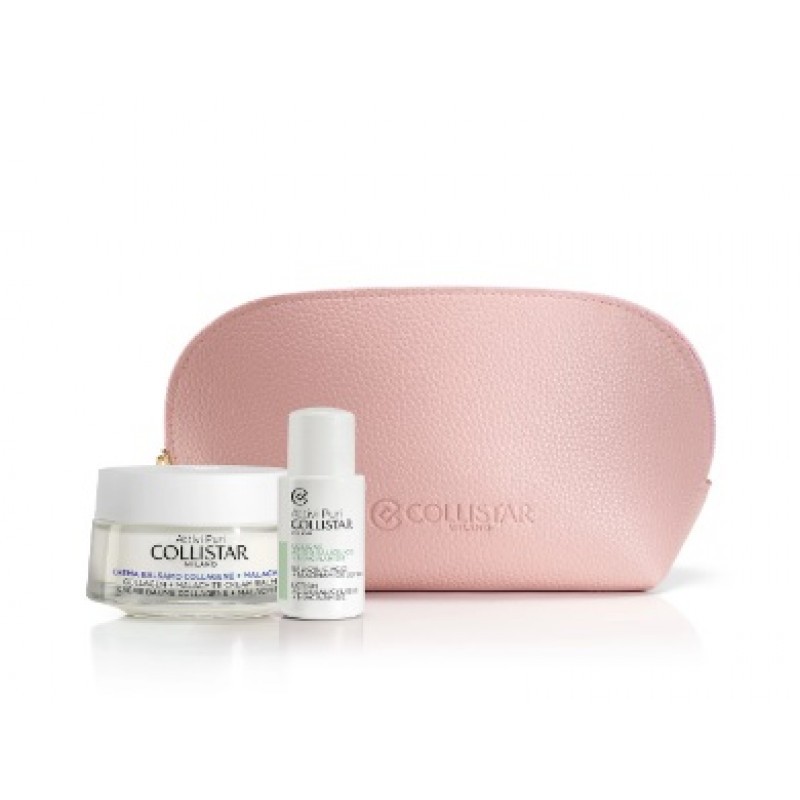 Cofanetto viso attivi puri 2024 crema balsamo collagene+malachite 50 ml + lozione acido salicilico+niacinamide 15 ml + bustina gocce magiche autoabbronzanti + pochette