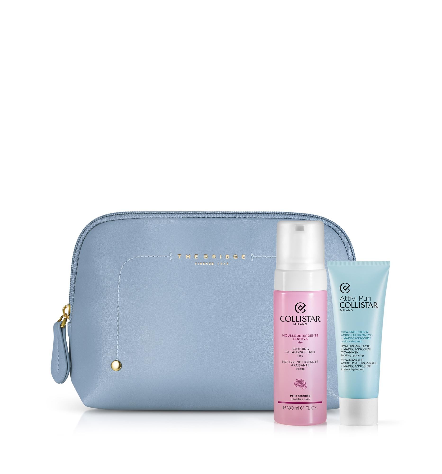 Cofanetto attivi puri maschera acido ialuronico+madecassoside 75 ml + mousse detergente lenitiva 180 ml + sample gocce magiche protettive + beauty bag azzurra the bridge