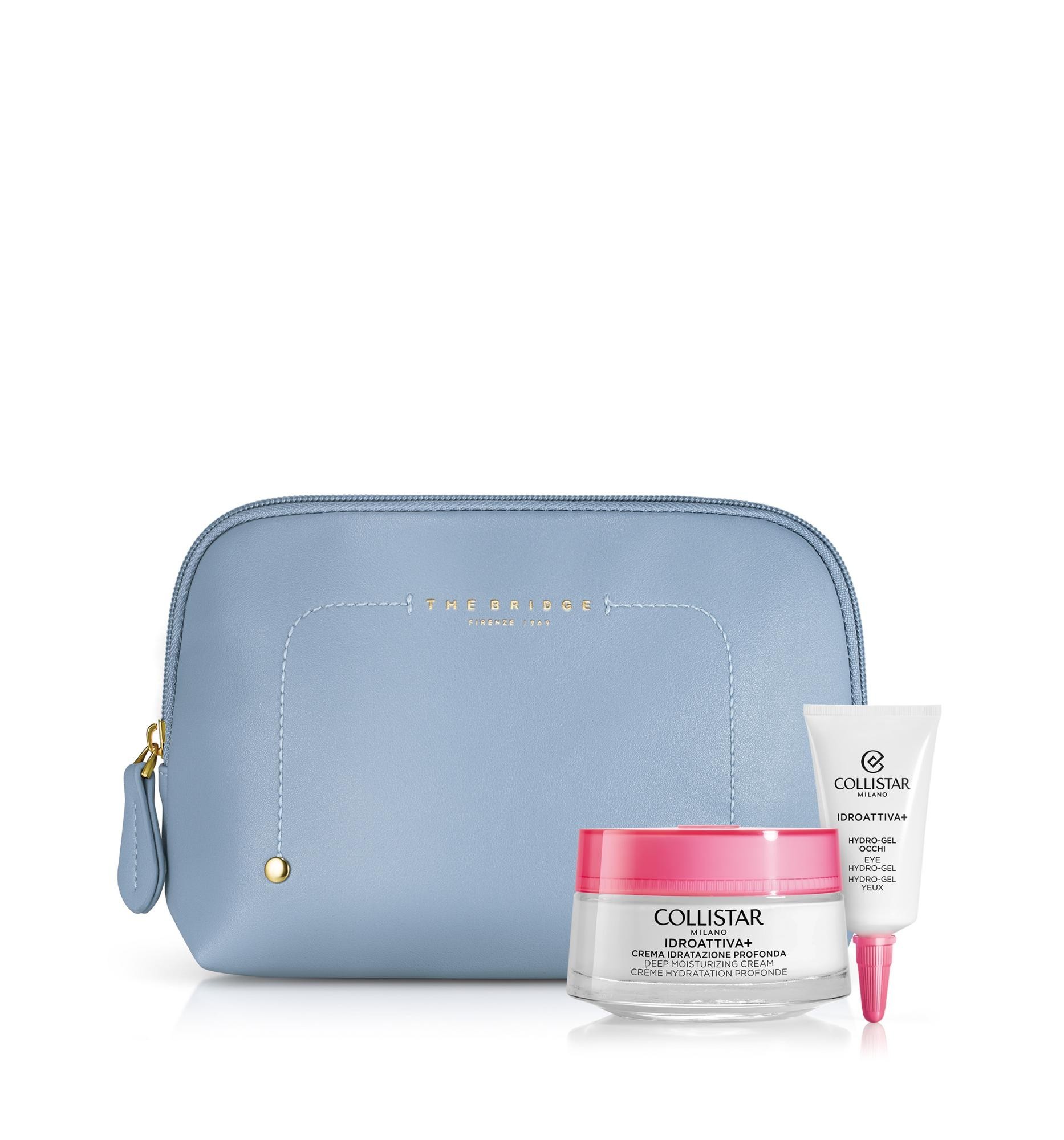 Cofanetto idroattiva+ crema idratazione profonda 50 ml + hydro gel occhi 5 ml + sample gocce magiche autoabbronzanti + beauty bag azzurra the bridge