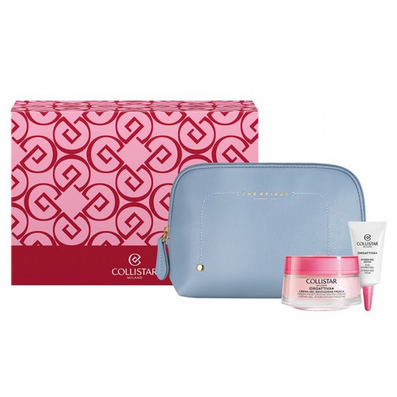Cofanetto idroattiva+ crema gel idratazione fresca 50 ml + hydro gel occhi 5 ml + sample gocce magiche autoabbronzanti + beauty bag azzurra the bridge