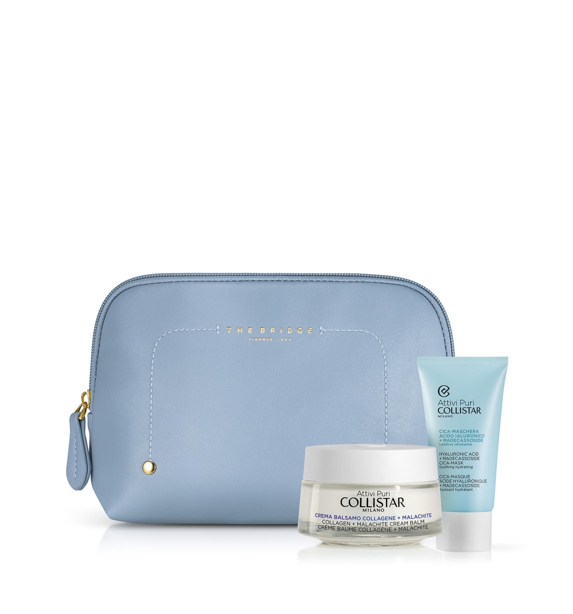 Cofanetto attivi puri crema balsamo collagene+malachite 50 ml + maschera acido ialuronico+madecassoside 25 ml + sample gocce magiche protettive + beauty bag azzurra the bridge