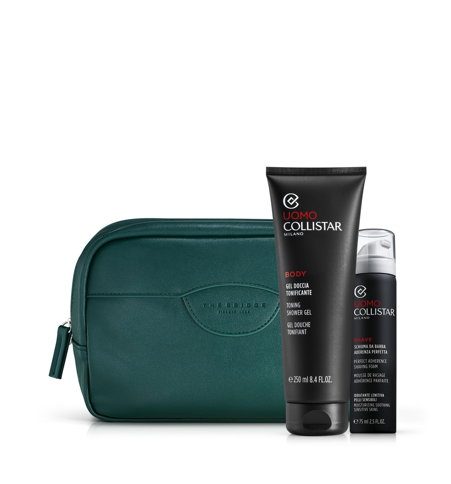 Cofanetto uomo gel doccia tonificante 250 ml + schiuma barba aderenza perfetta 75 ml + beauty bag verde the bridge