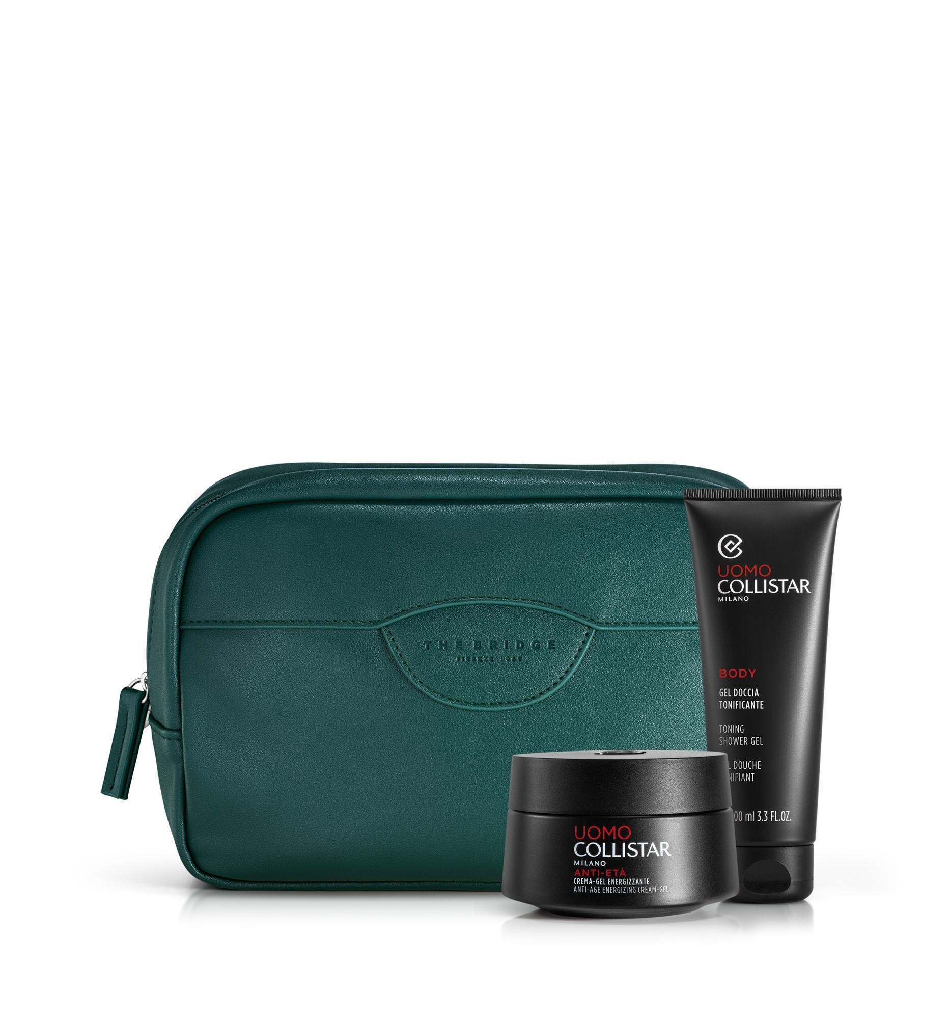 Cofanetto uomo crema gel energizzante anti eta' 50 ml + gel doccia tonificante 100 ml + beauty bag verde the bridge