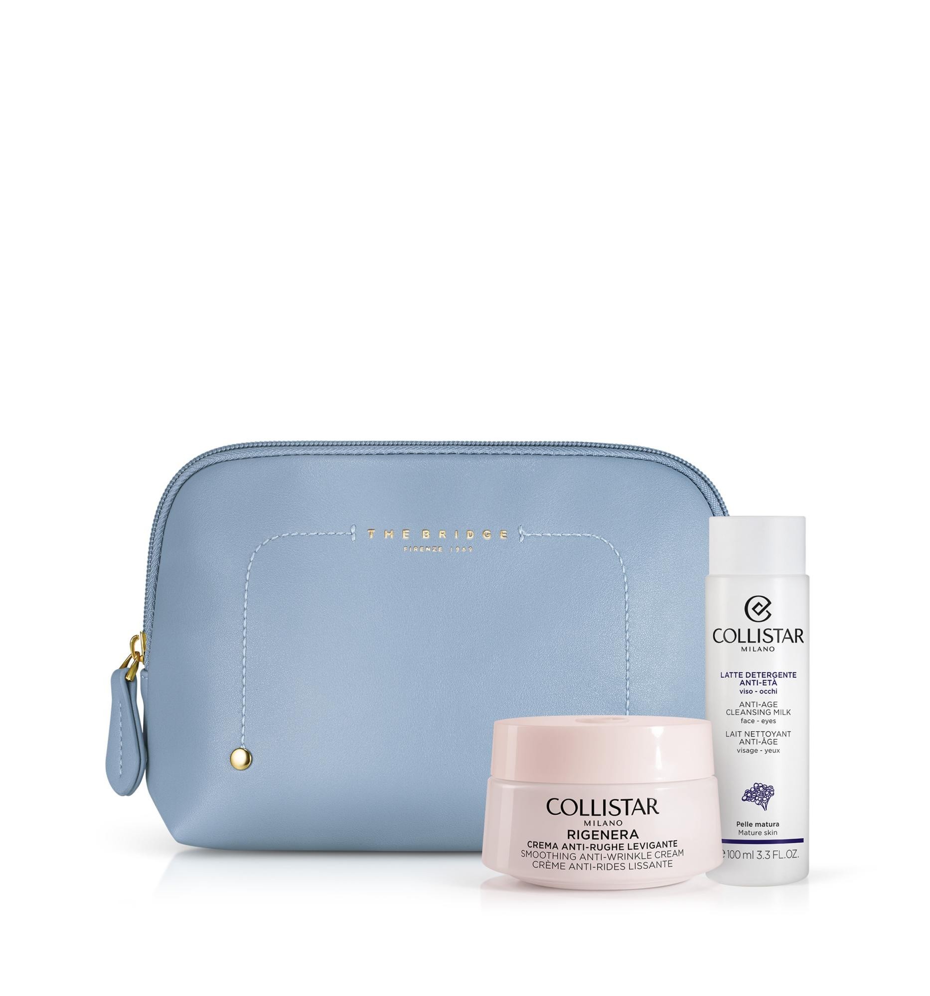 Cofanetto rigenera crema antirughe levigante 50 ml + latte detergente anti eta' 100 ml + sample gocce magiche protettive + beauty bag azzurra the bridge