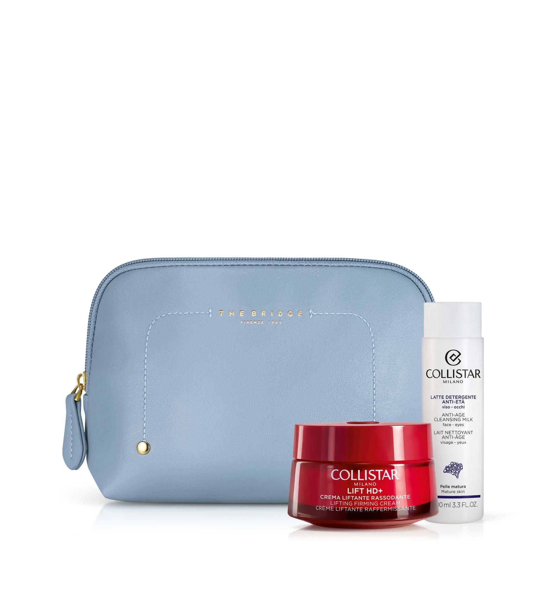 Cofanetto lift hd+ crema liftante rassodante 50 ml + latte detergente anti eta' 100 ml + sample gocce magiche protettive + beauty bag azzurra the bridge