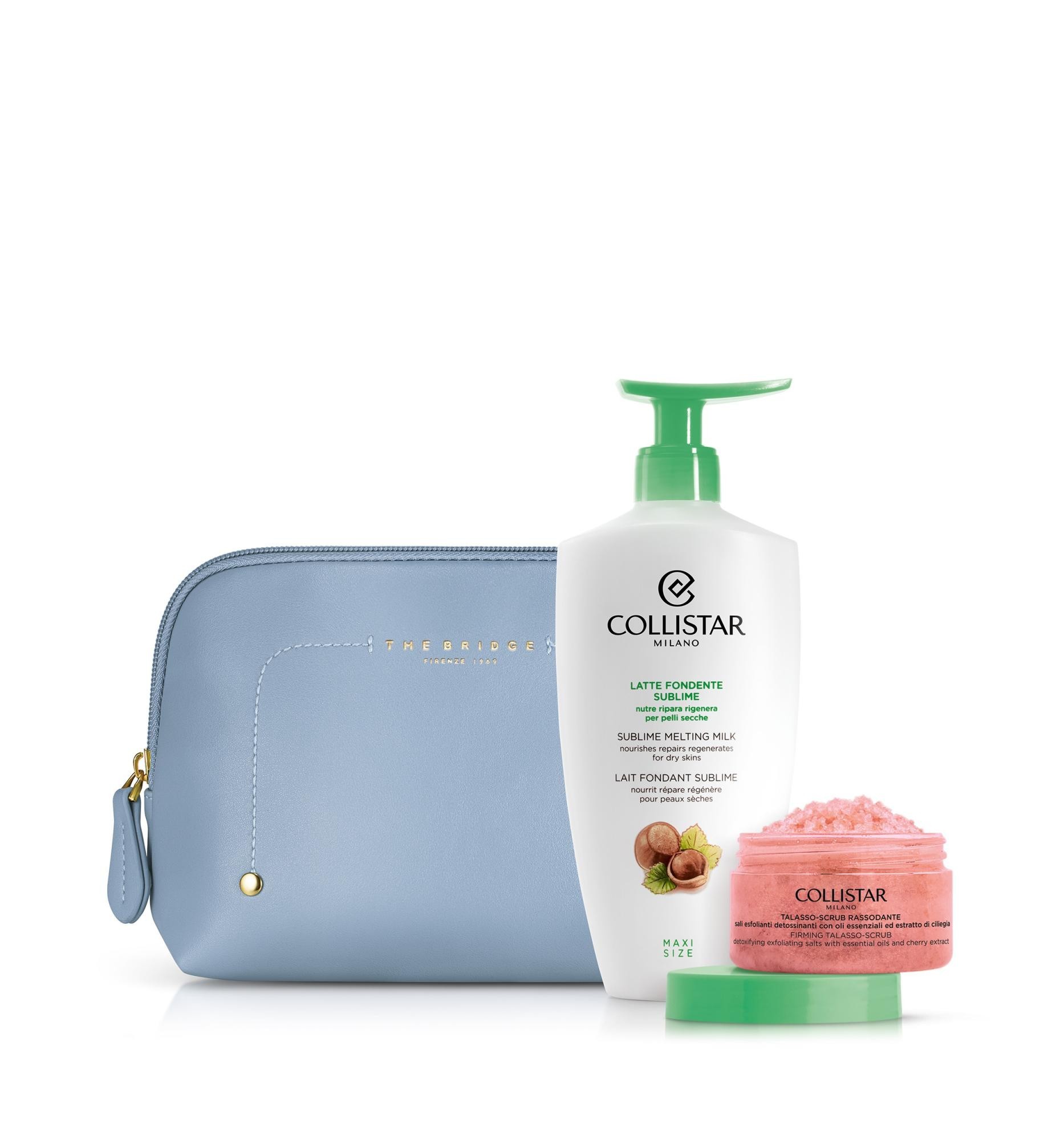 Cofanetto latte fondente sublime 400 ml + mini talasso scrub energizzante 150 g + sample gocce glow corpo + pochette azzurra the bridge
