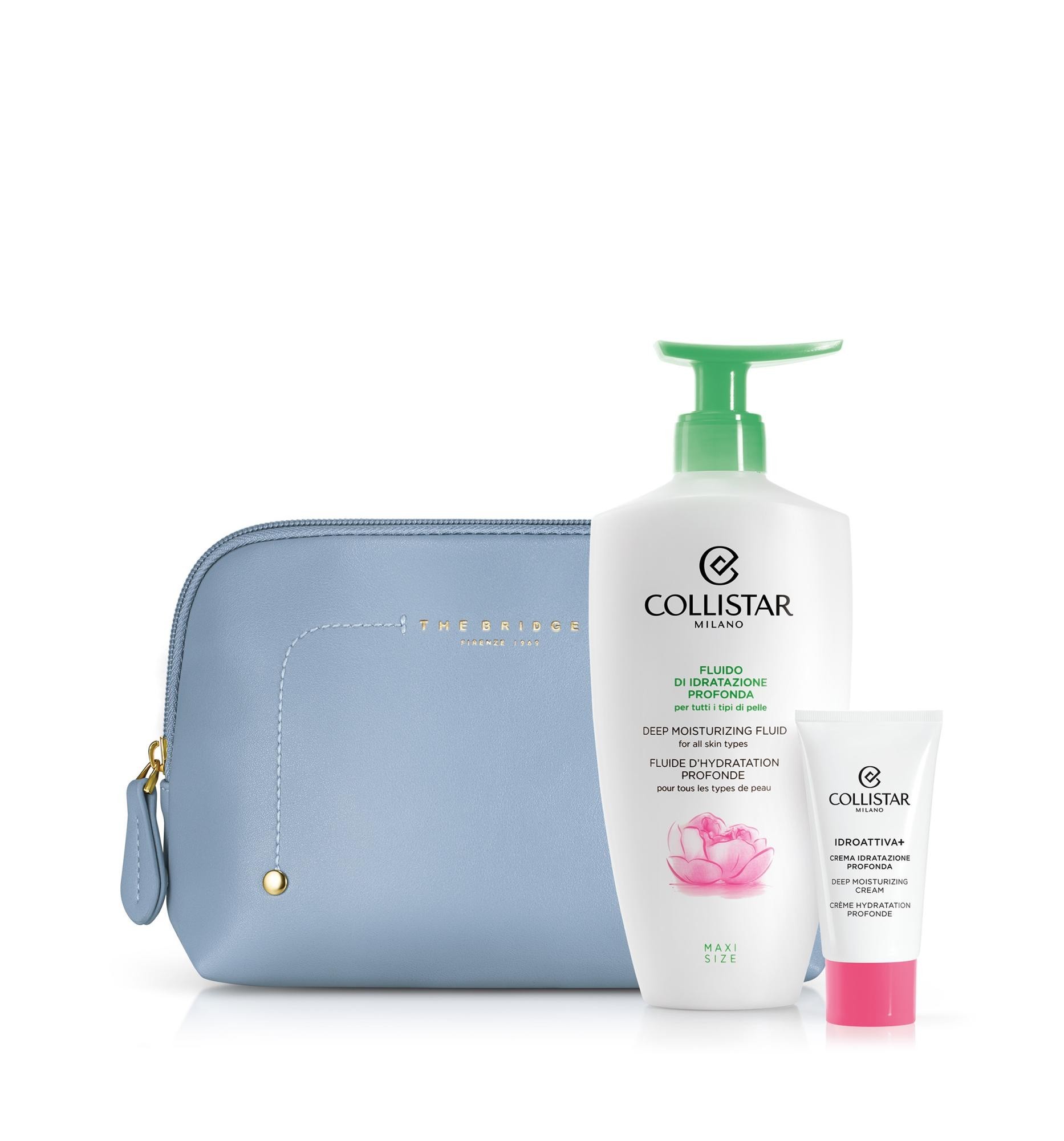 Cofanetto Fluido Idratazione Profonda 400 Ml + Crema Idratazione Profonda Viso 25 Ml + Sample Gocce Glow Corpo + Pochette Azzurra The Bridge-image