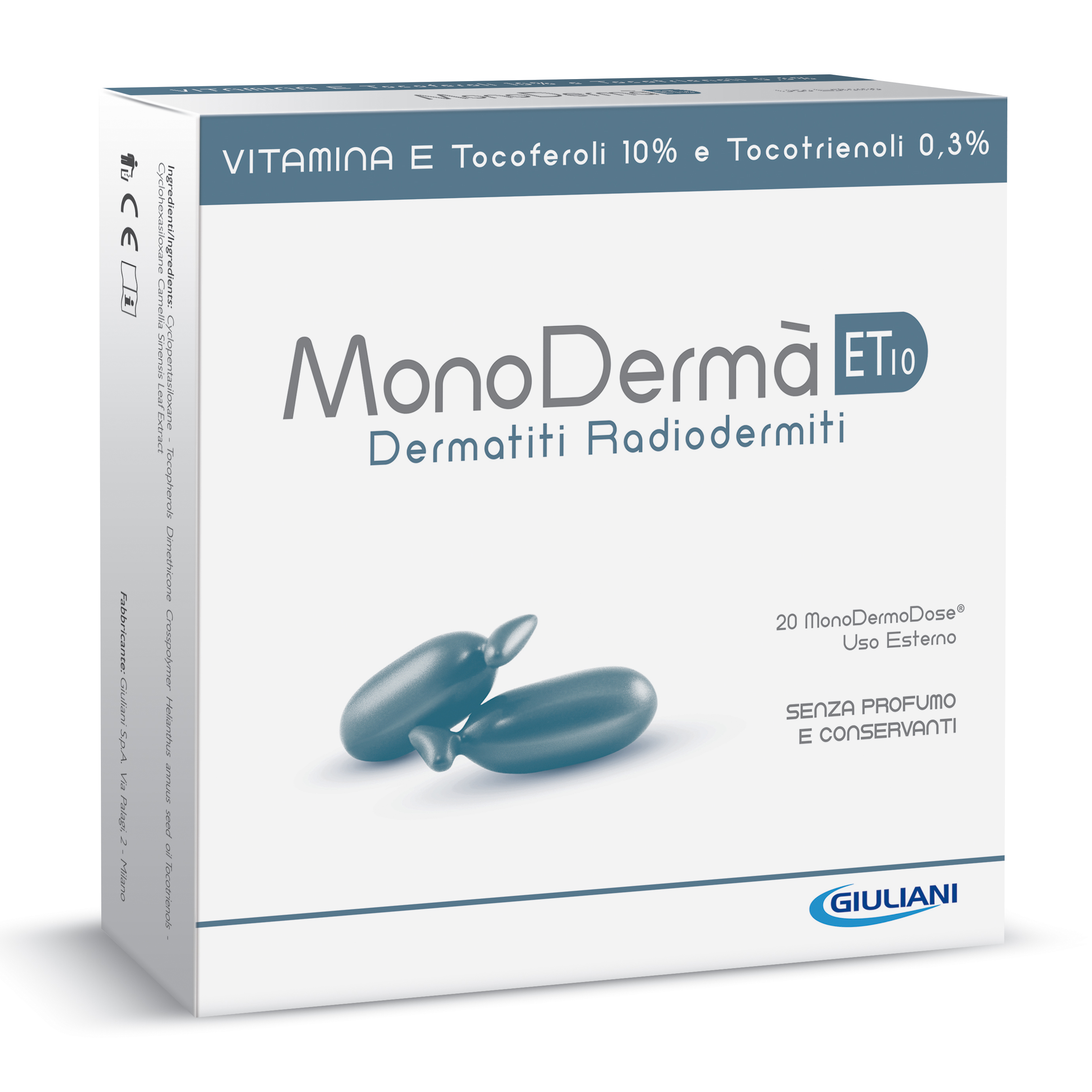 Monoderma' Et10 Vitamina E 10% Tocotrienoli 0,3% 20 Capsule Monodose Uso Esterno 0,9 Ml