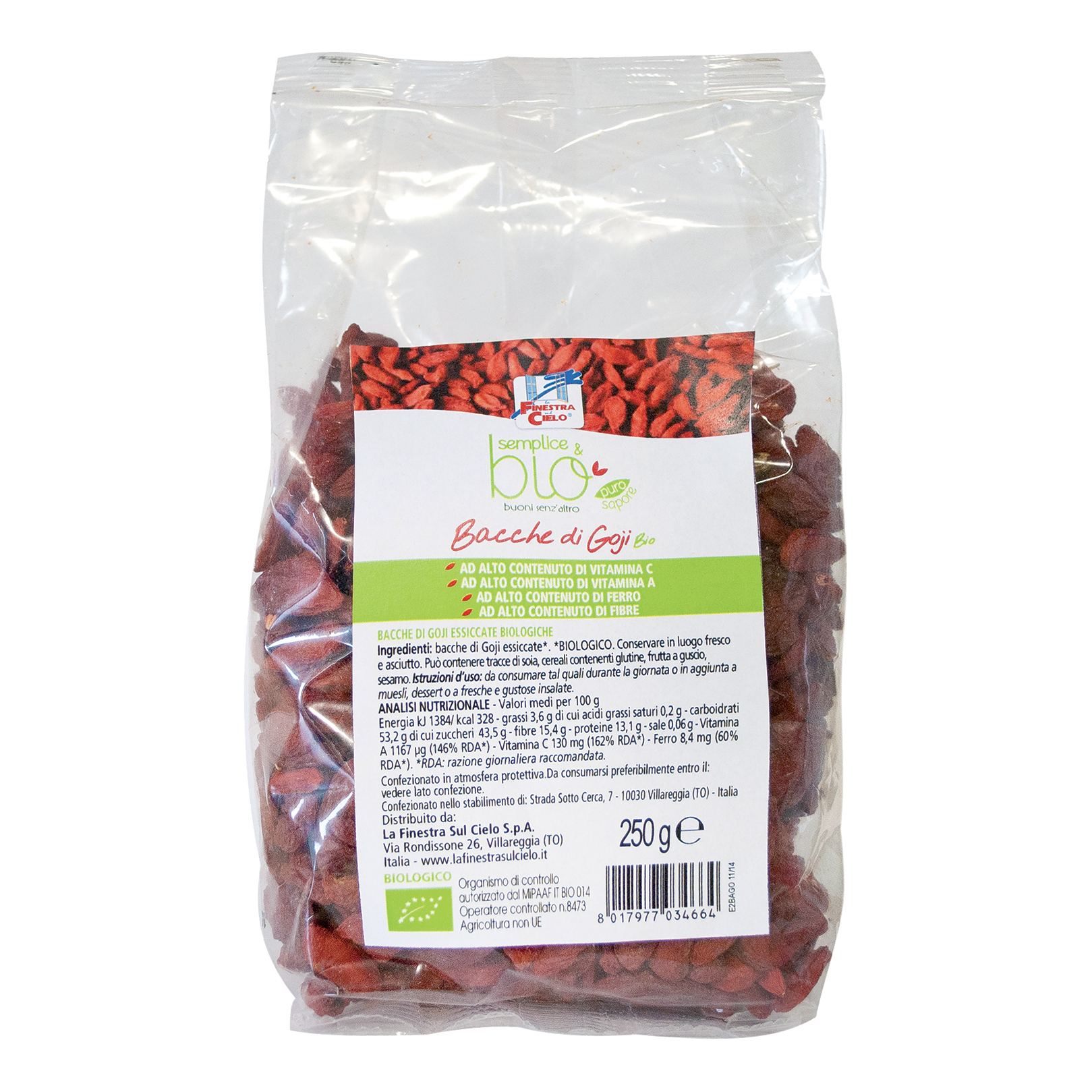 Fsc semplice&amp;bio bacche di goji bio ad alto contenuto di fibra 250 g
