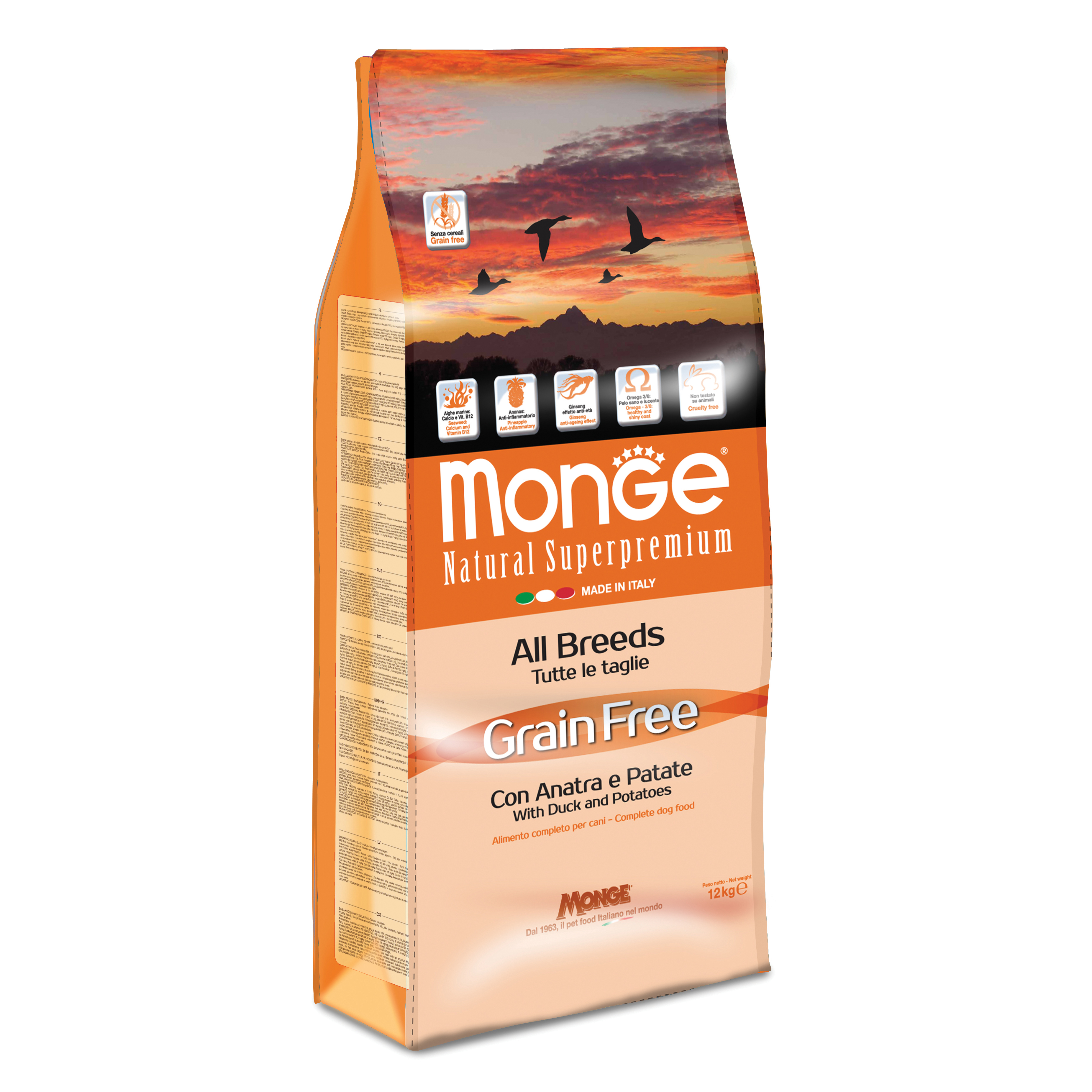 MONGE CANE BWILD GRAIN FREE ADULTO ALL BREEDS ANATRA &amp; PATATE 12 KG
