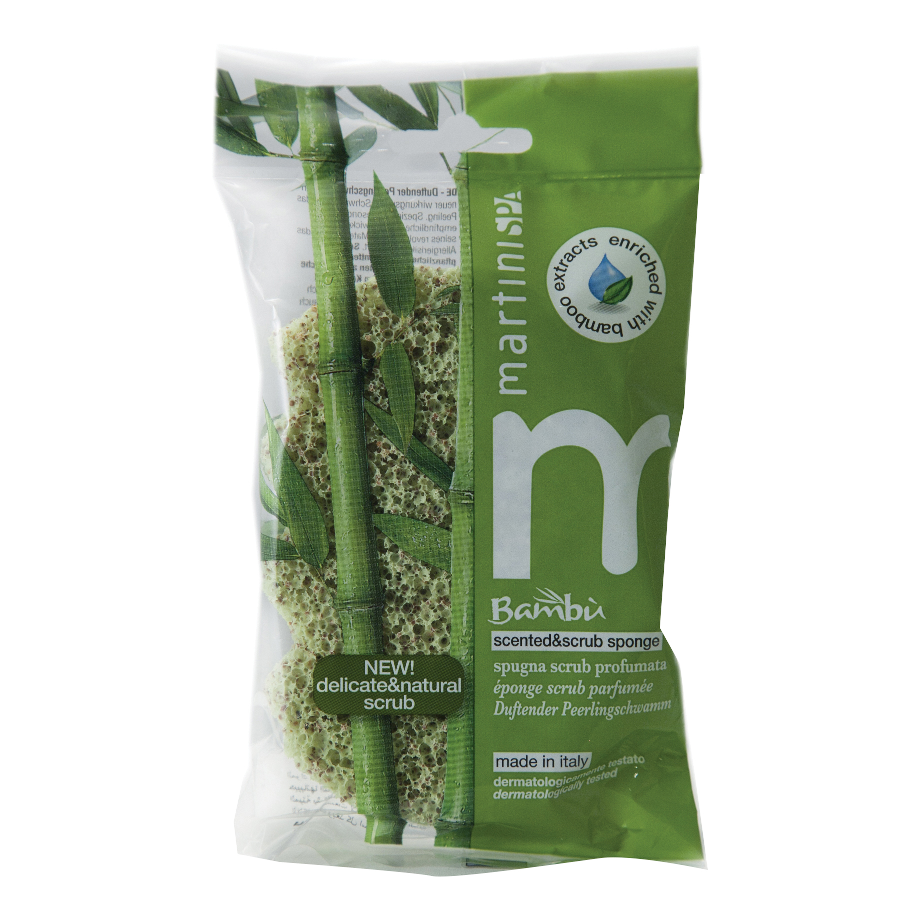 Spugna corpo extra morbida con granuli naturali esfolianti profumata al bambu