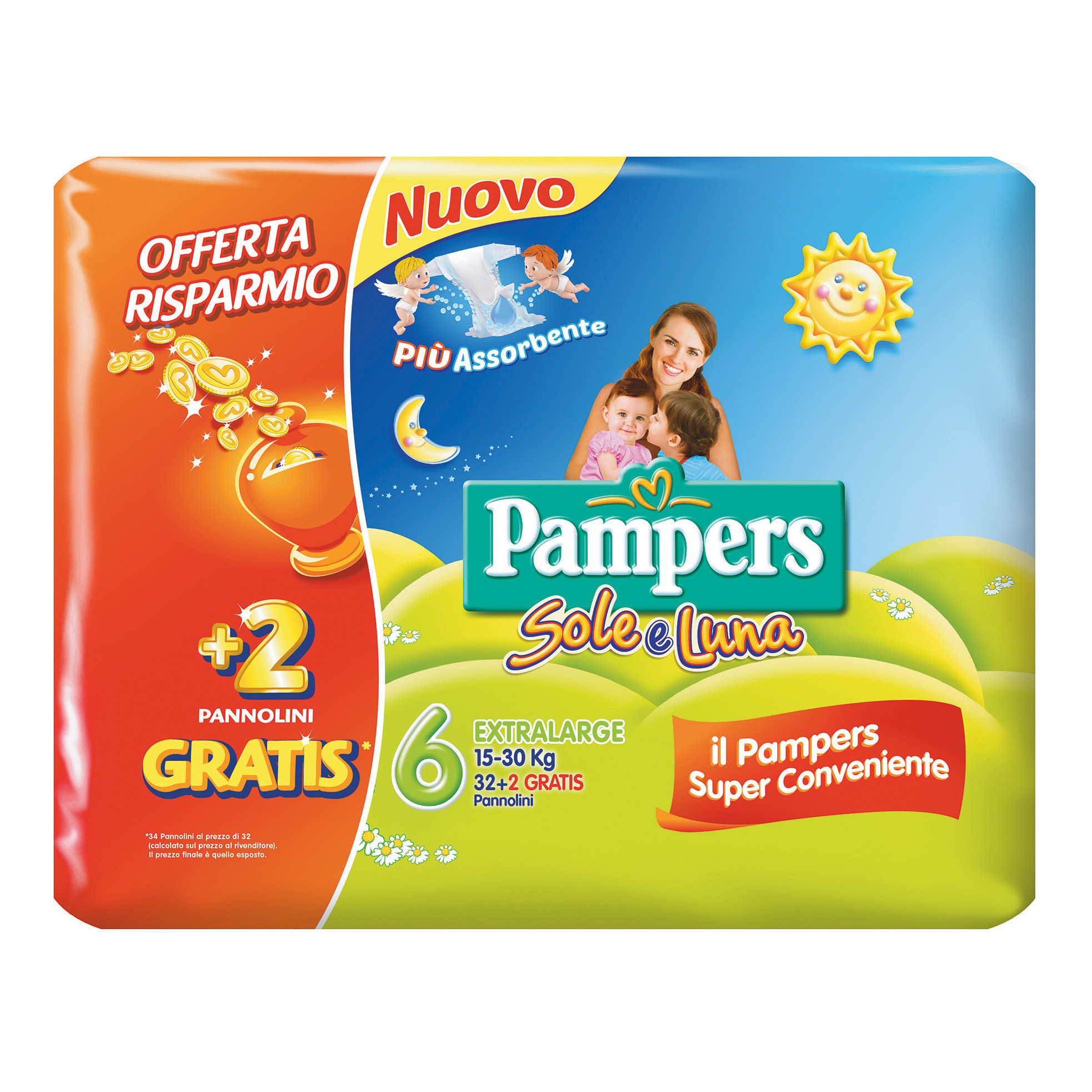 Pampers sole &amp; luna xl 34 pezzi