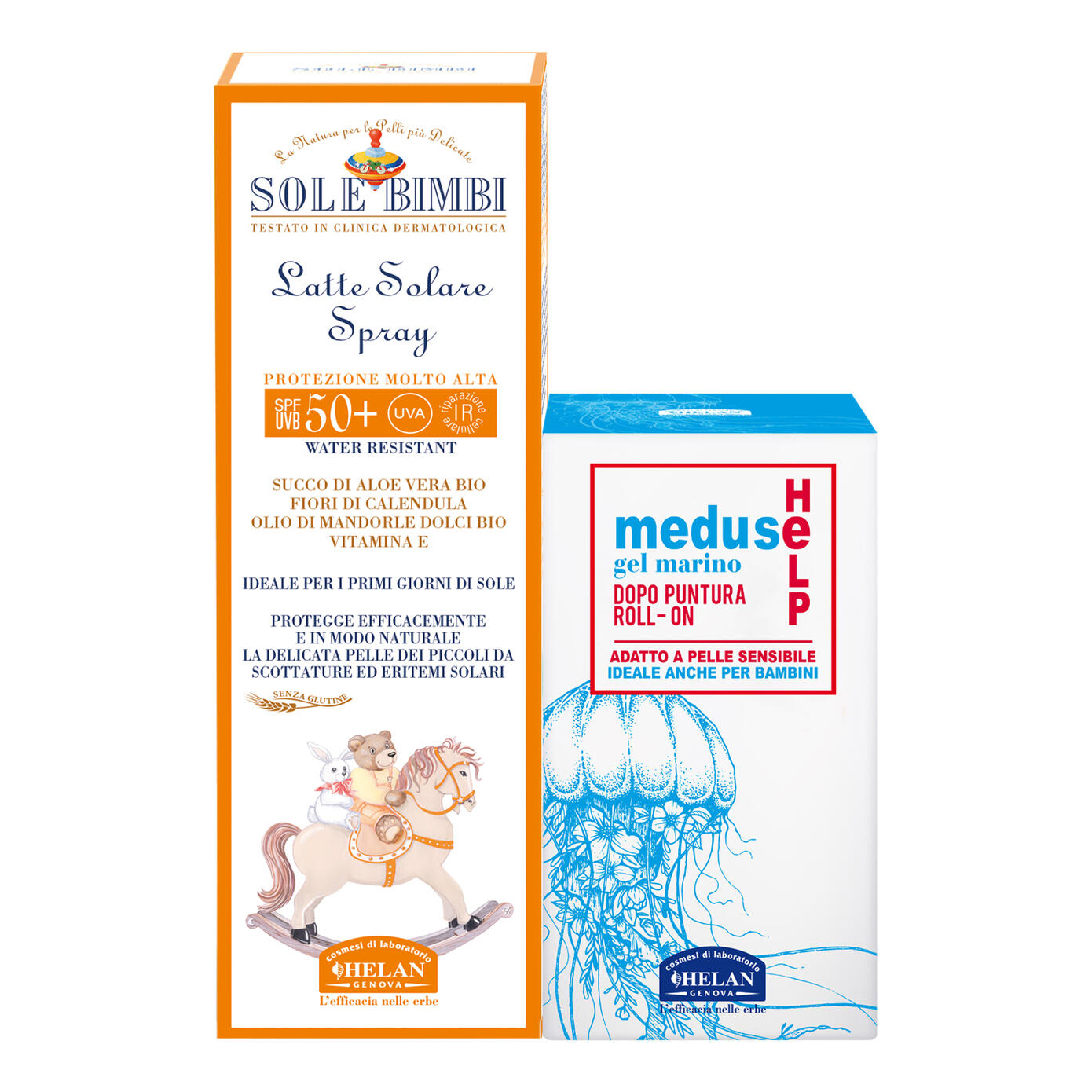 Sole bimbi latte solare spray spf50+ 100 ml + meduse help gel marino dopo puntura roll on 25 ml