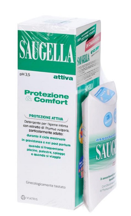 Saugella protezione&amp;comfort bundle 1 attiva 250 ml + 3 assorbenti interni regular in omaggio + gadget stickers motivazionali