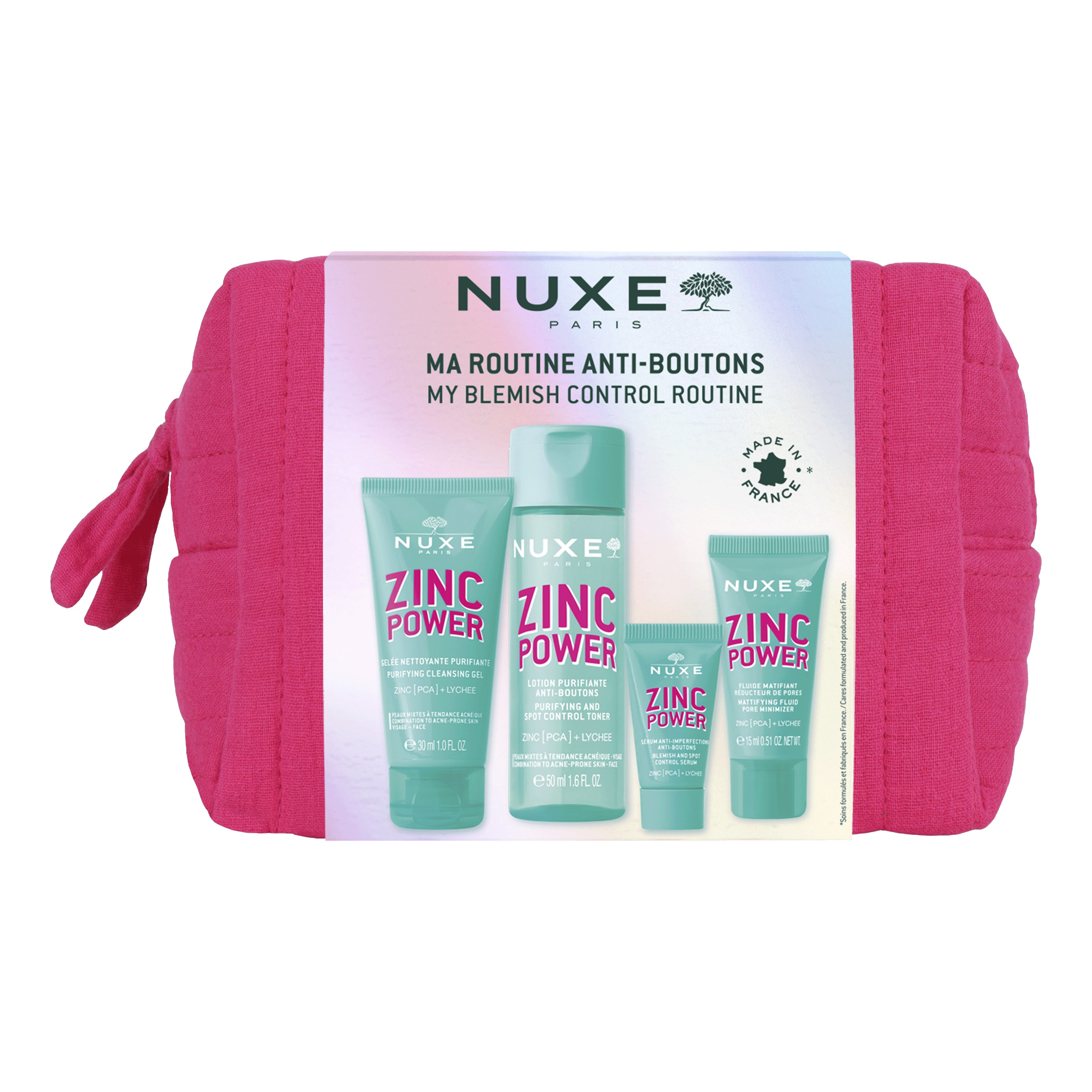 Nuxe zinc power trousse anti-imperfezioni 1 fluido mattificante 40 ml + 1 gel detergente 150 ml + 1 lozione purificante 200 ml + 1 siero 30 ml