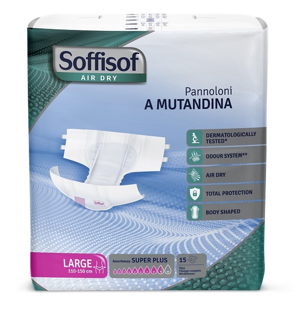 Pannolone mutanda soffisof air dry l 110-150cm assorbenza super plus 15 pezzi
