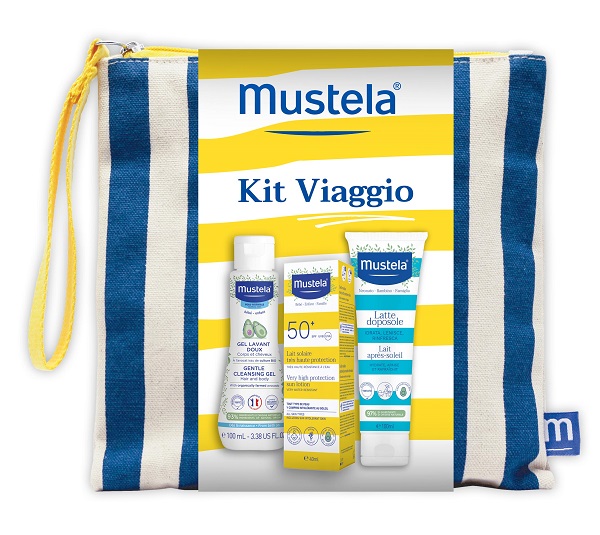 Mustela kit viaggio 2026 1 detergente delicato 100 ml + 1 latte solare 50+ 40 ml + 1 latte doposole 100 ml