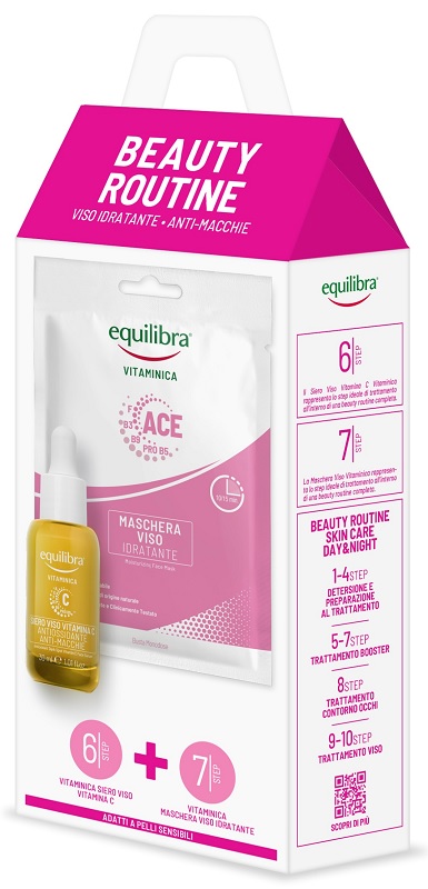 Equilibra beauty routine viso idratante anti macchie 1 siero viso vitamina c 30 ml + 1 vitaminica maschera viso idratante