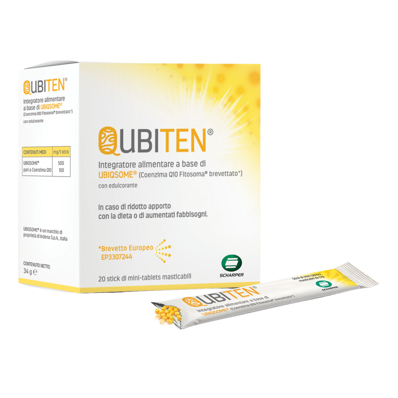Qubiten 20 stick minitablet masticabili senza glutine naturalmente privo di lattosio senza zuccheri aggiunti adatto ai vegani con edulcorante