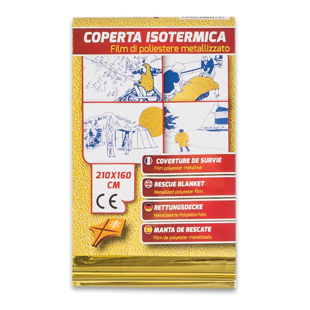 Coperta isotermica in film di poliestere con alluminio lato argento protezione da caldo lato oro protezione da freddo dimensioni 210x160 cm peso 63 g