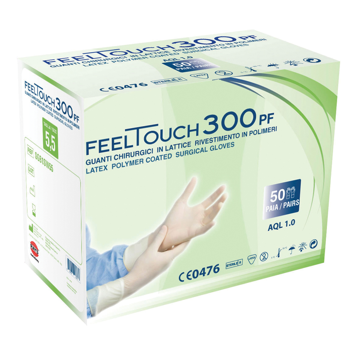 Guanto chirurgico sterile monouso in lattice feeltouch 300 pf senza polvere lubrificante colore bianco naturale microruvido polsino rinforzato lunghezza 260 mm misura 6 50 paia