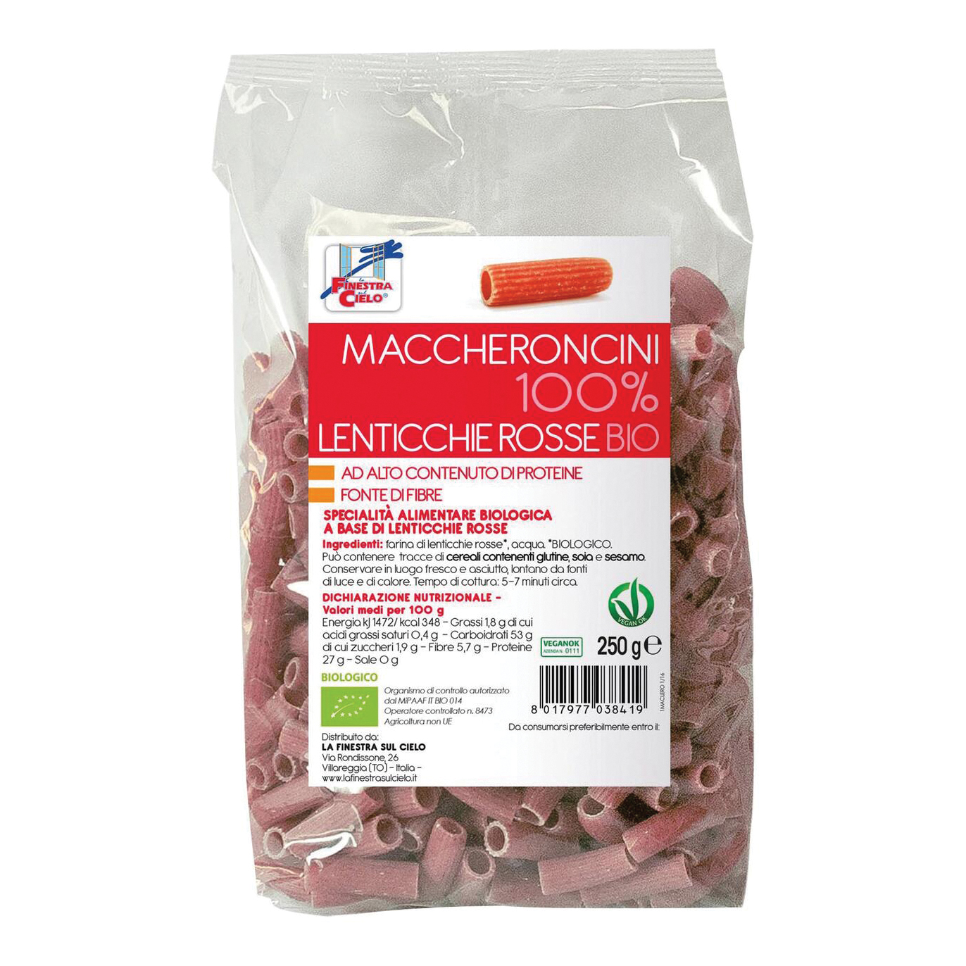 La finestra sul cielo maccheroncini lenticche rosse bio 250 g