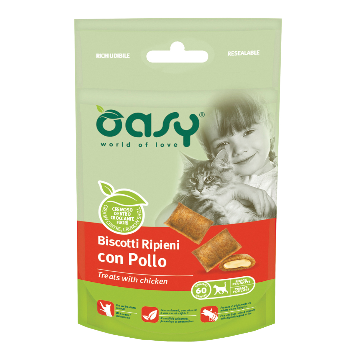 Oasy Gatto Snack Biscotti Ripieni Adulto Pollo 60 Gr