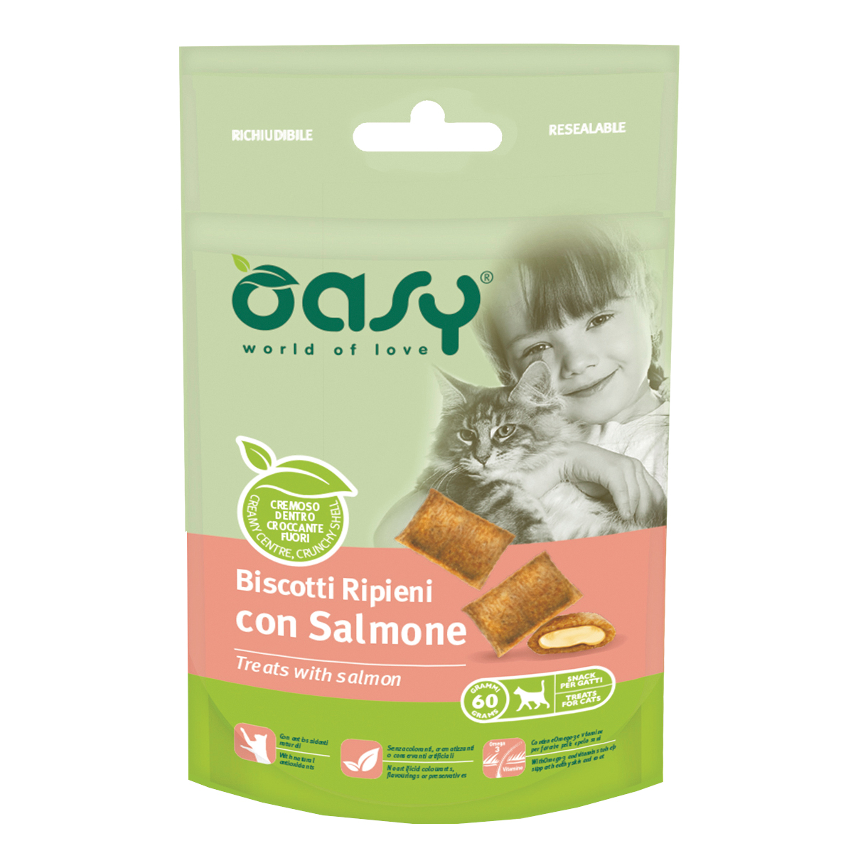 Oasy Gatto Snack Biscotti Ripieni Adulto Salmone 60 Gr
