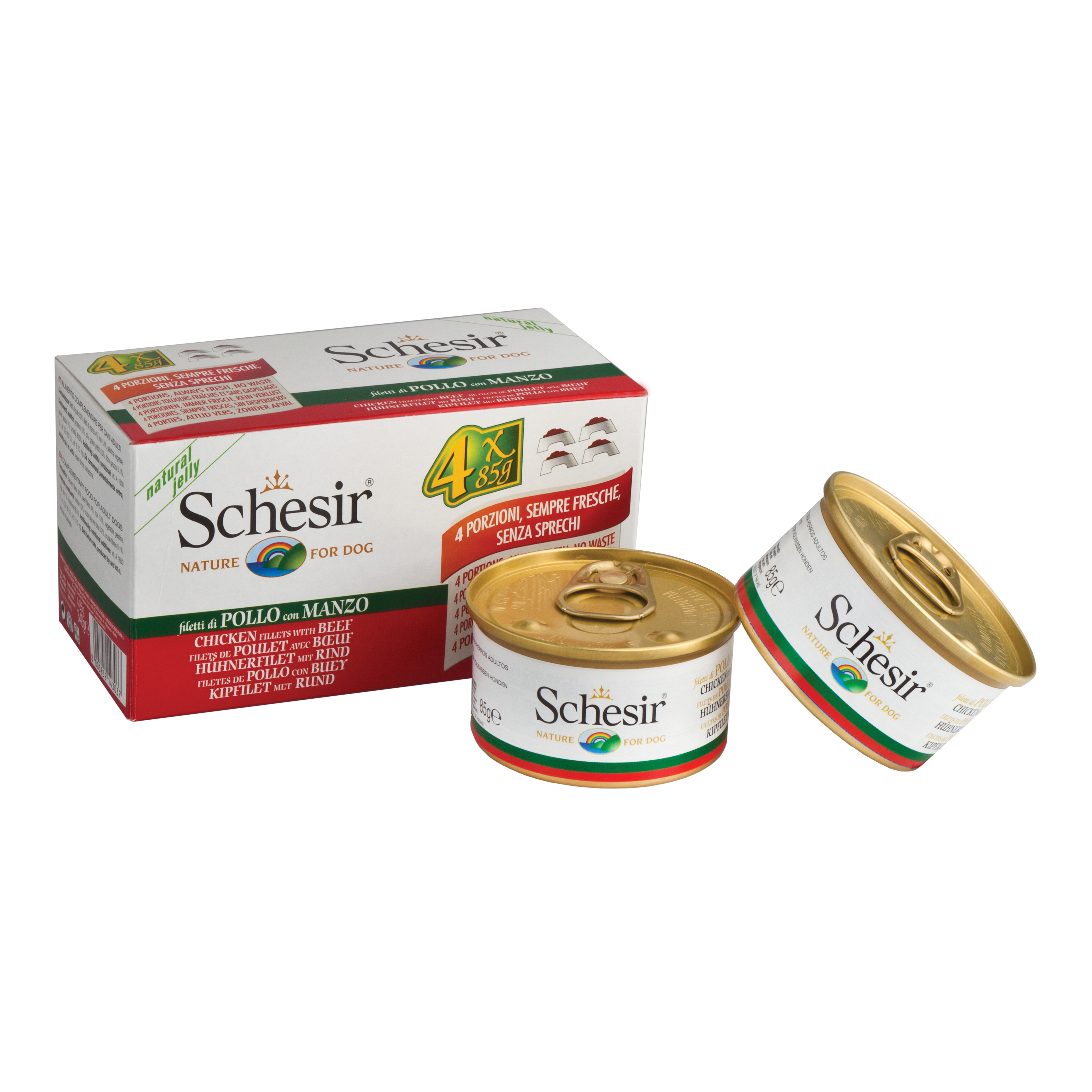 Schesir Cane Lattina In Jelly Multipack Adulto Filetti Di Pollo &amp; Manzo Cf. (4X85) Gr
