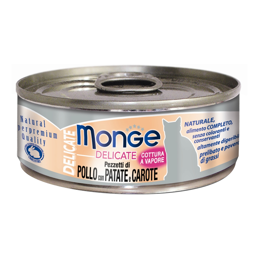 Monge Gatto Delicate Lattina Adulto Pezzetti Di Pollo, Patate & Carote 80 Gr