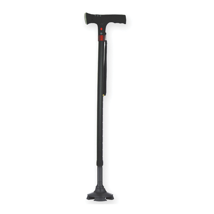 Bastone per deambulazione con luce sicurezza frontale led bianca regolabile sirena allarme e led rosso impugnatura abs telaio alluminio altezza 78-100,5cm portata 110kg 4 piedini