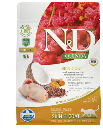 N&amp;d quinoa feline skin&amp;coat quail quinoa coconut and turmeric adult 300 g