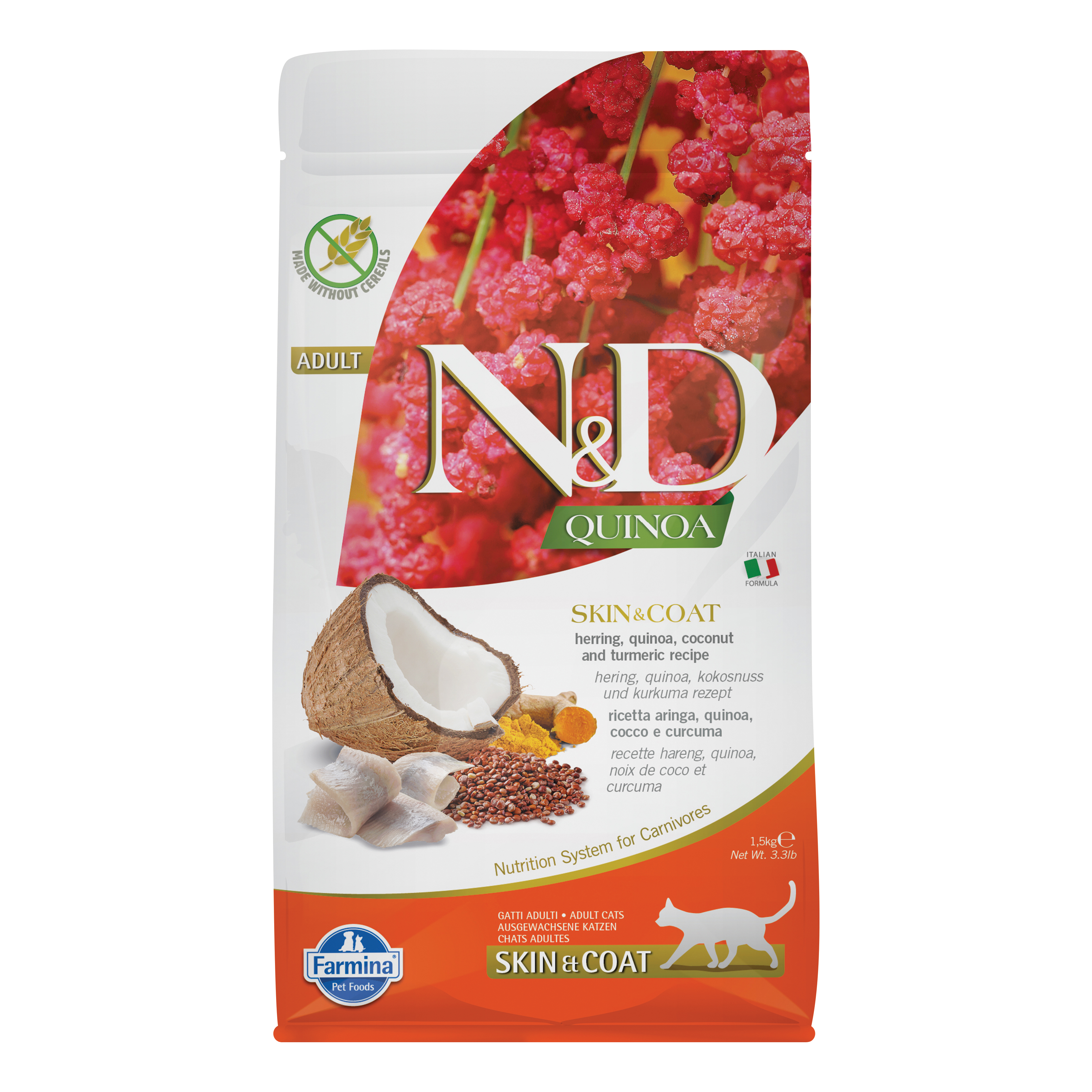 Farmina Gatto N&amp;D Quinoa Skin&amp;Coat Aringa, Quinoa, Cocco &amp; Curcuma 1,5 Kg