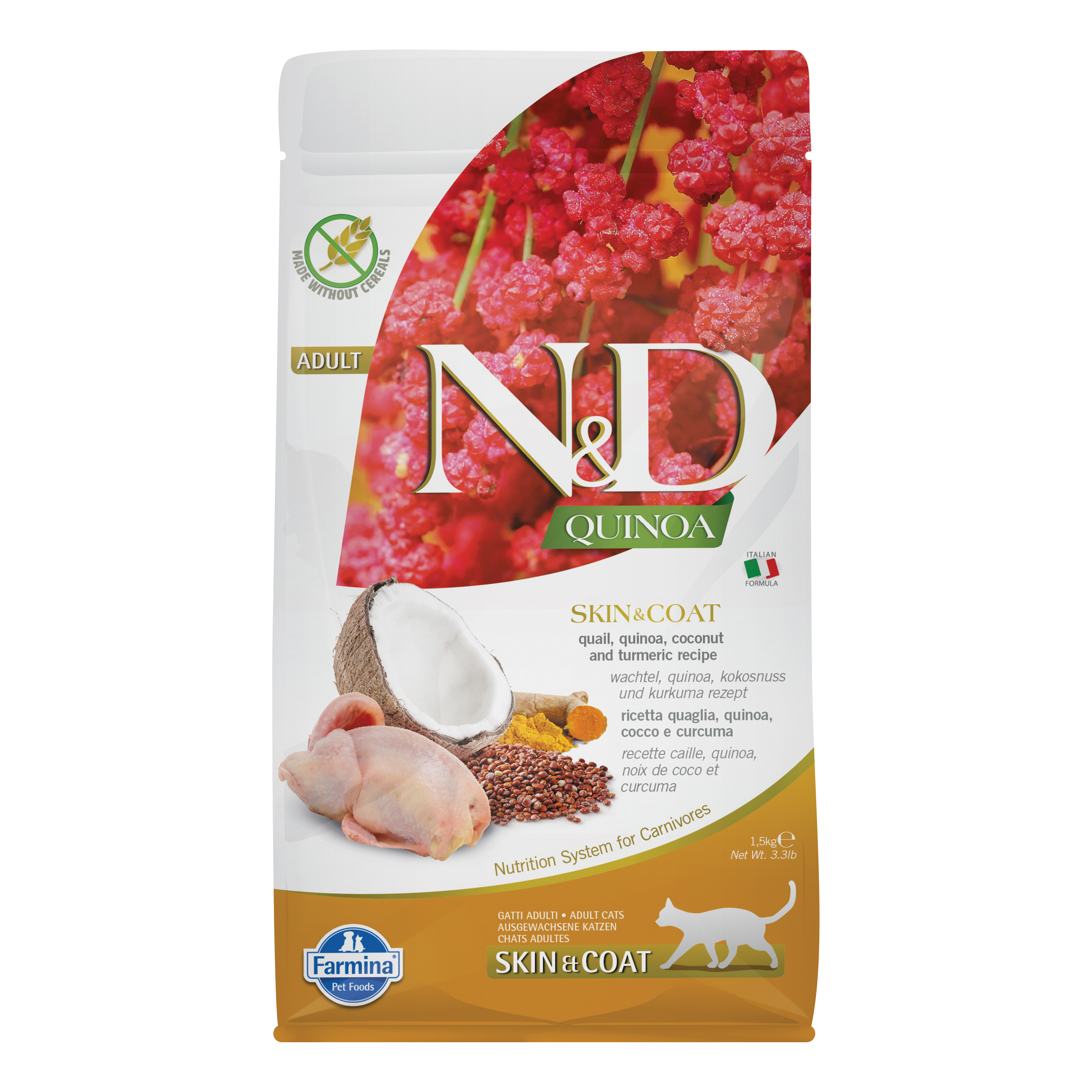 N&amp;d quinoa feline skin&amp;coat quail quinoa coconut and turmeric adult 1,5 kg