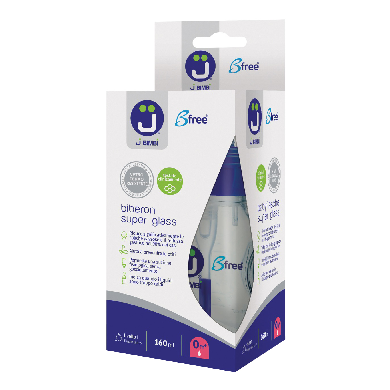 J bimbi b free super glass 160 ml biberon in vetro con canula anticoliche e tettarella in silicone