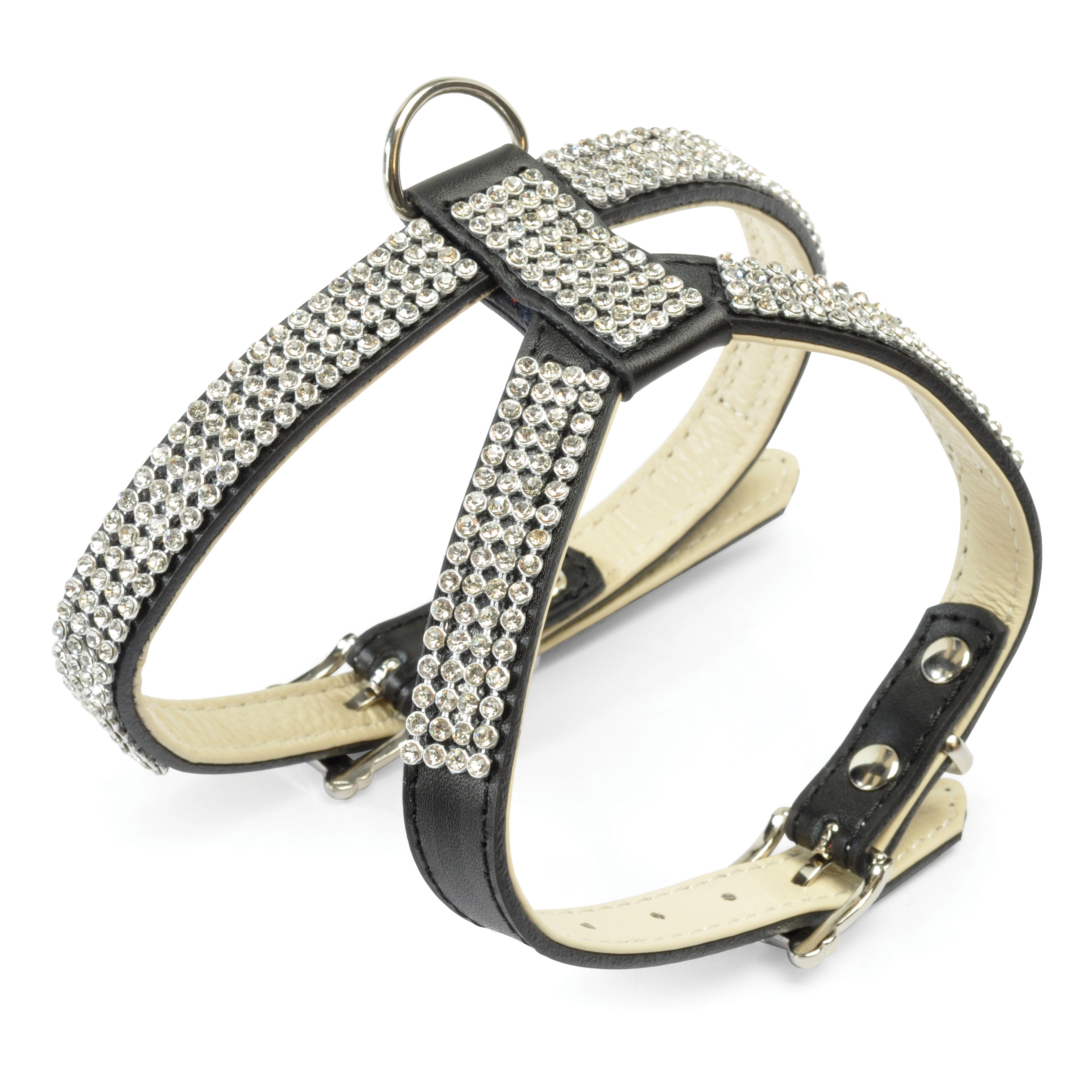 Guinzaglio + pettorina in pelle con strass black 1