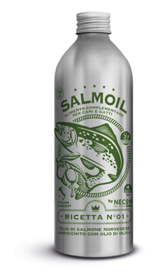 Salmoil By Necon Pet Food Ricetta 1, Alimento Complementare/Cibo Per Cani E Gatti A Base Di Olio Di Salmone Norvegese Con Olio D'oliva Da 500 Ml, Ricco Di Vitamina E, Omega3, Made In Italy