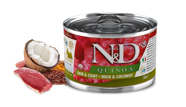 Farmina Cane N&amp;D Quinoa Skin&amp;Coat Adulto Mini Anatra &amp; Cocco Lattina 140 Gr
