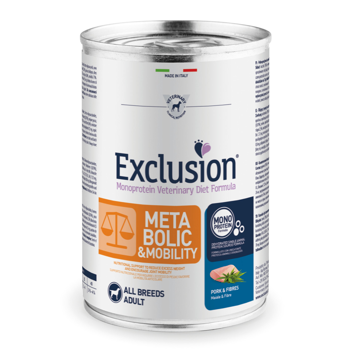 Exclusion Cane Diet Metabolic &amp; Mobility Adulto All Breeds Maiale &amp; Fibre Lattina 400 Gr
