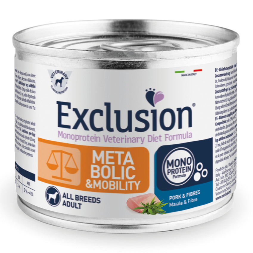Exclusion Cane Diet Metabolic &amp; Mobility Adulto All Breeds Maiale &amp; Fibre Lattina 200 Gr