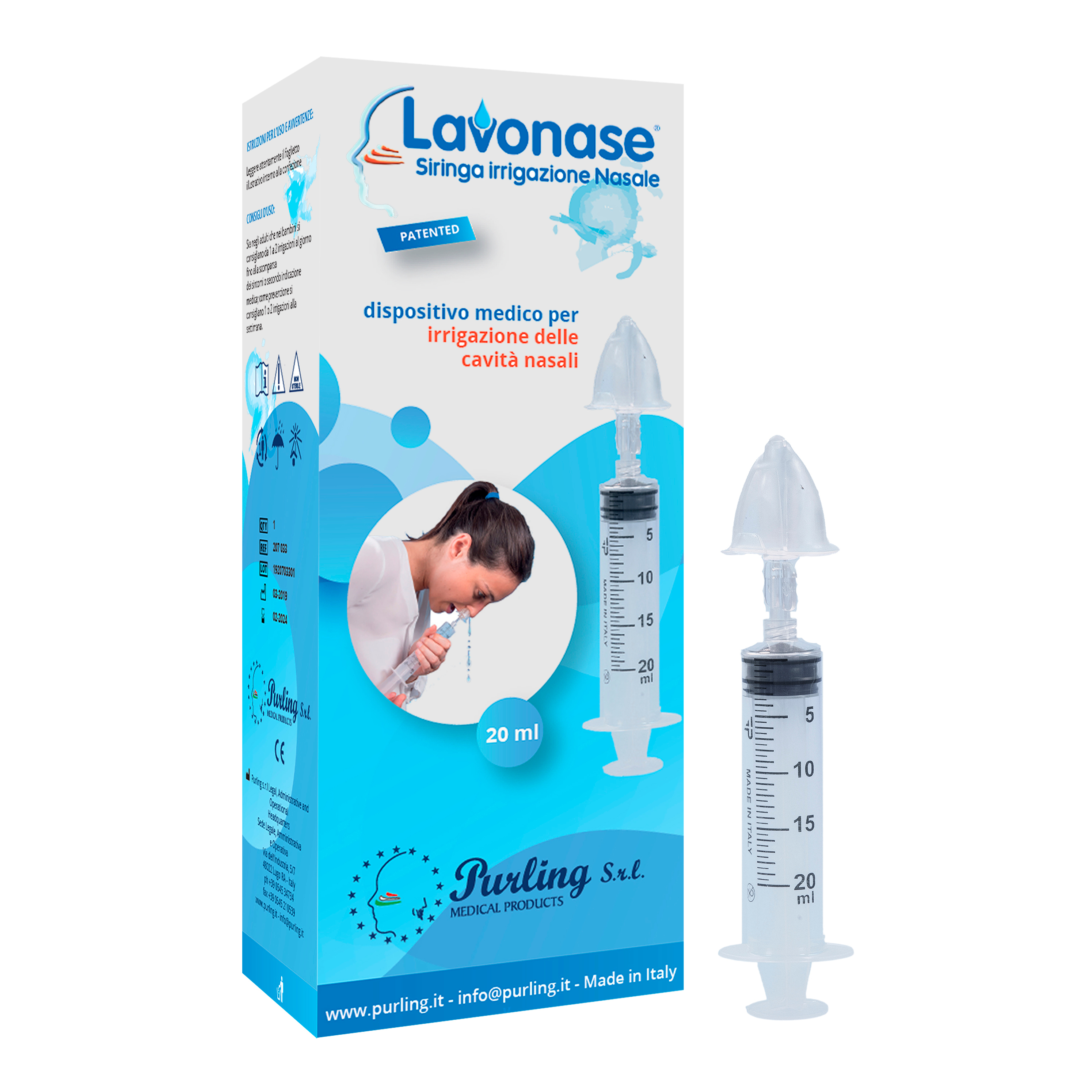 Lavonase irrigazione nasale non sterile siringa 20 ml + luer-lock con cappuccio + ugello nasale con raccordo luer-lock + perforatore con valvola non r