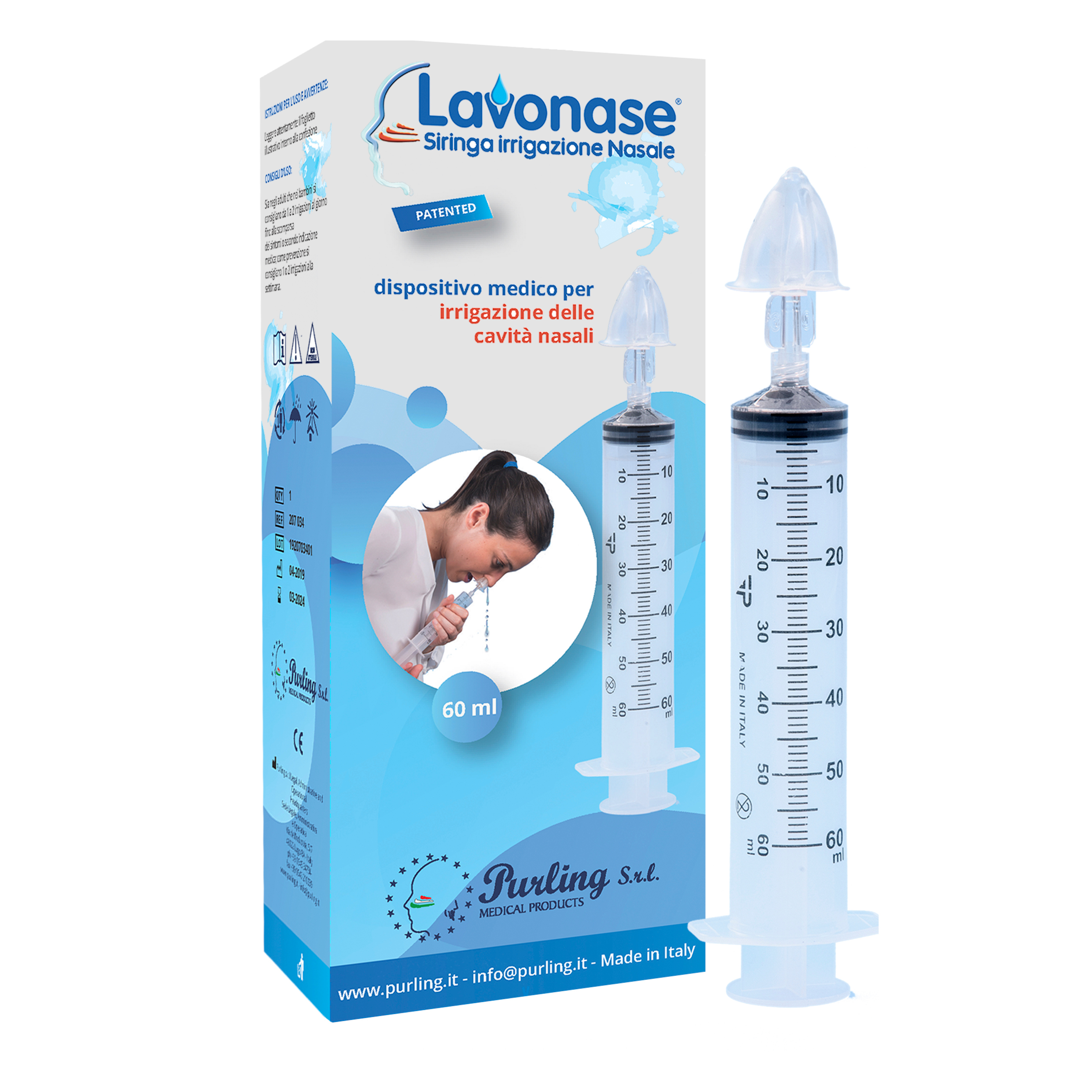 Lavonase irrigazione nasale non sterile siringa 60 ml + luer-lock con cappuccio + ugello nasale con raccordo luer-lock + perforatore con valvola non r
