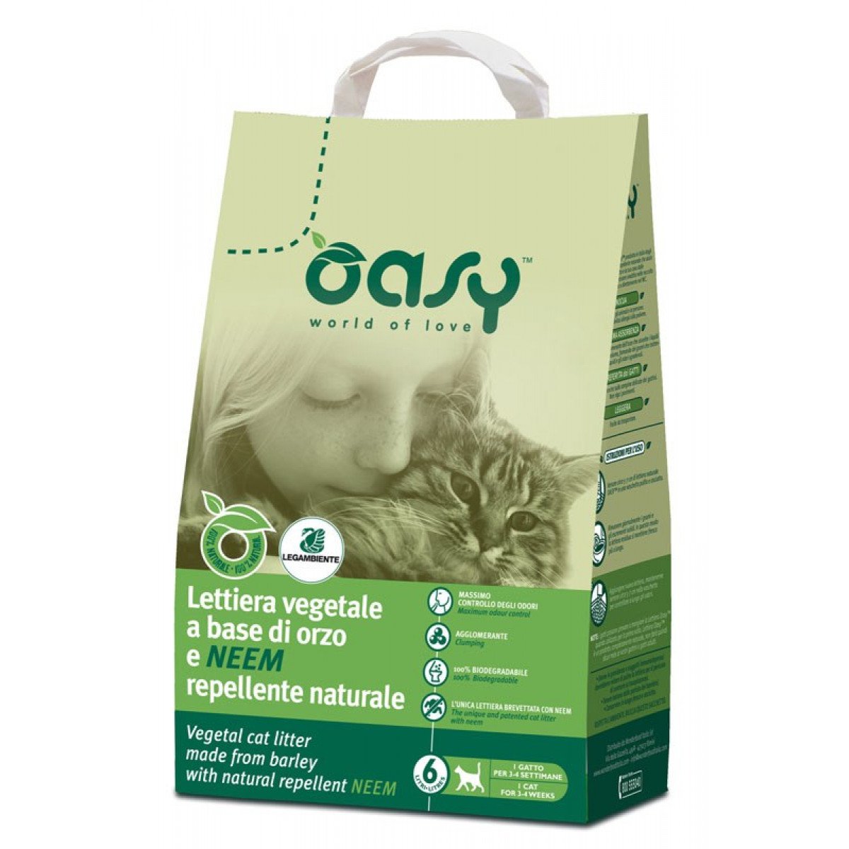 Oasy Gatto Lettiera Cellulosa &amp; Lieviti Naturali 6L 2,4 Kg