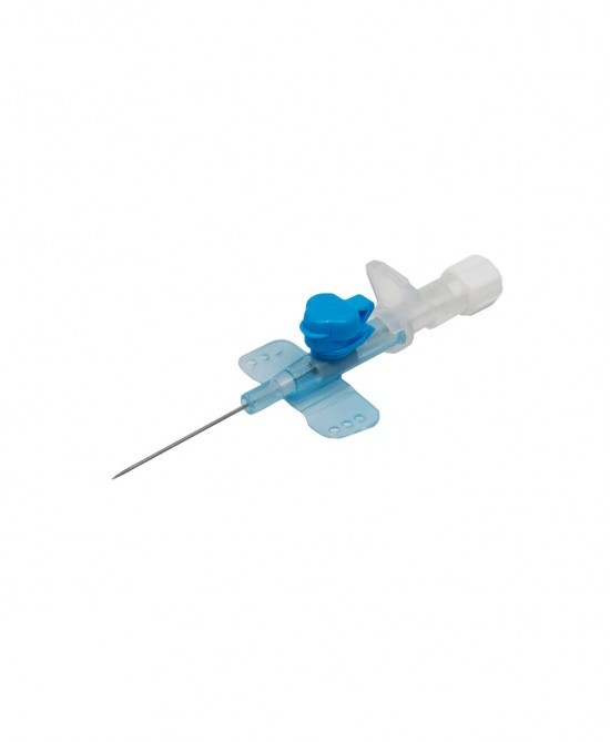 Ago cannula a due vie 22 gauge 0,9x25mm in acciaio inox con siliconatura esterna, tappo luer lock e alette laterali colore blu 50 pezzi