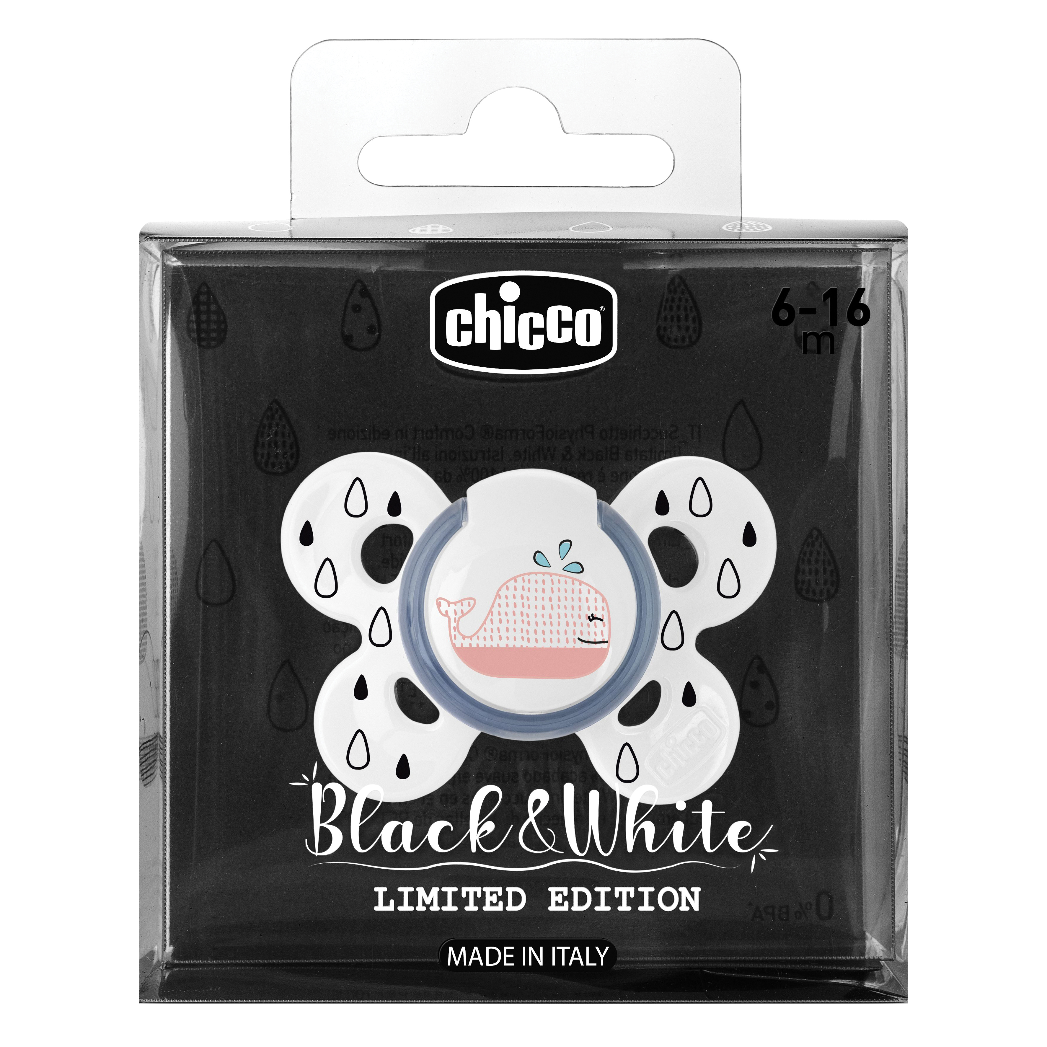 Chicco succhietto comfort black&amp;white silicone 6-16m